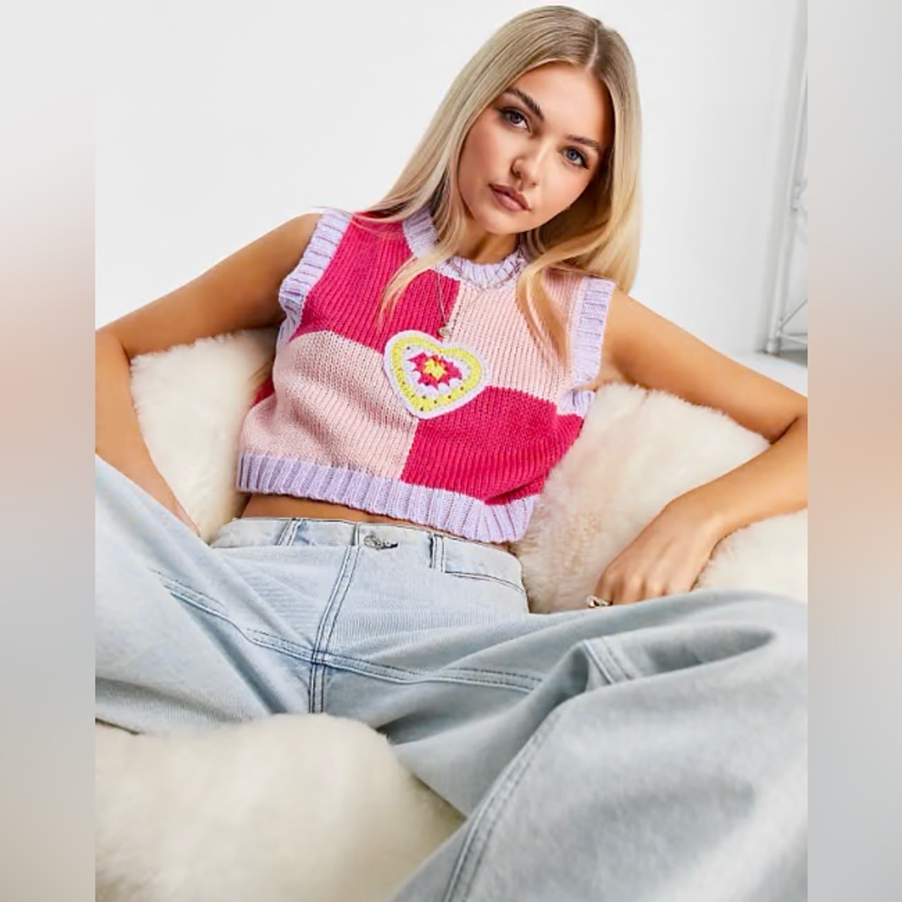 The Ragged Priest Granny Square Heart Crop Knitted Sweater Vest